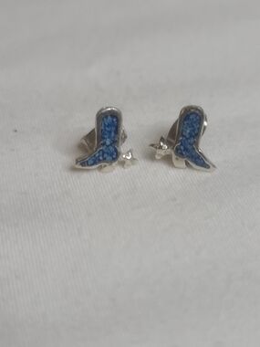 Vintage Cowgirl Boots Crushed Turquoise Inlay 925 Sterling Silver Stud Earrings